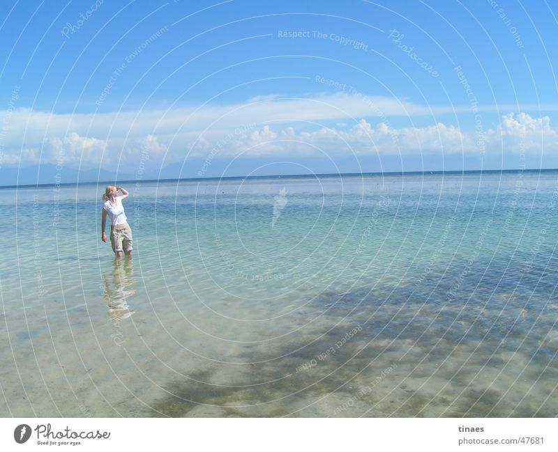 tina in der Karibik Meer Frau Honduras Utila Sommer azurblau Wolken Ferne Bandu Beach Strand Himmel Wasser Kuba Berge u. Gebirge Blick Aussicht water blue sky