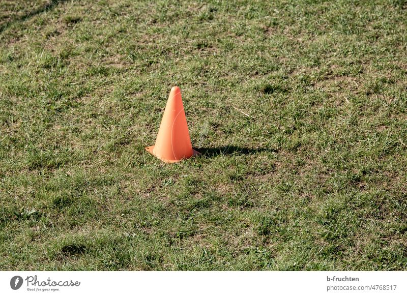 roter Pylon auf einer Wiese Spielfeld Fußballplatz Markierungskegel Kegel einzeln allein stehen Sport Freizeit & Hobby grün Menschenleer Spielen Gras