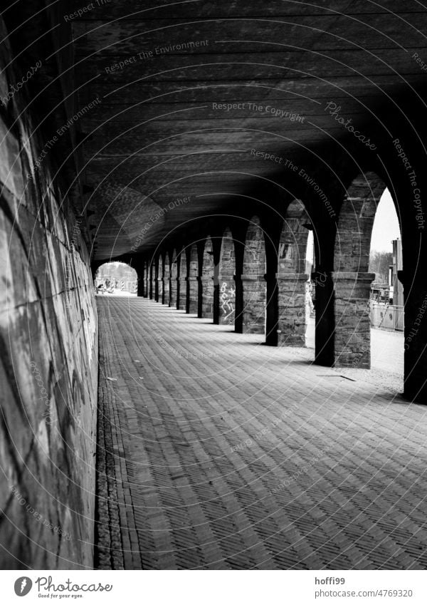 historische Arkaden Backsteinfassade Arkadengang Säule Altstadt Stein Mauer Fluchtpunkt Bögen Muster Sandsteinsäulen Sandsteinmauer Bogen Arkadengängen Gotik