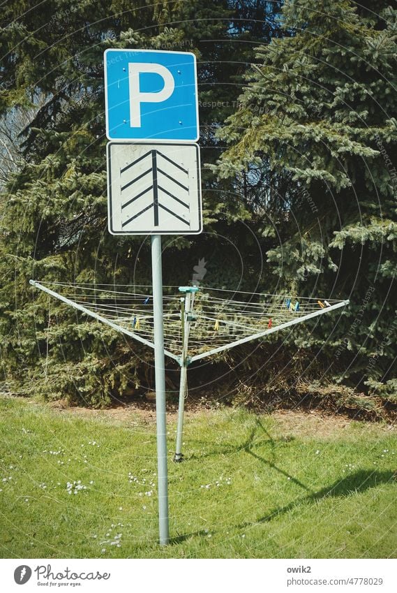 Parkordnung Wäscheständer Schild Verkehrszeichen Parkplatz Piktogramm Parkbuchten Einparken diagonal Ordnung System Großbuchstabe Typographie blau Hecke Rasen