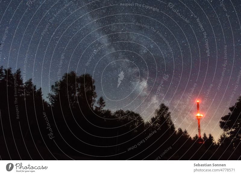 Milchstraße über Kiefern inmitten eines Waldes mit Funkmast Nacht Himmel Silhouette Landschaft Galaxie Stern Natur milchig Astronomie Astrofotografie