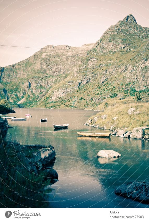 Boote auf See Leben harmonisch Zufriedenheit Erholung ruhig Meditation Natur Landschaft Berge u. Gebirge Ruderboot schaukeln träumen klein rosa Stimmung