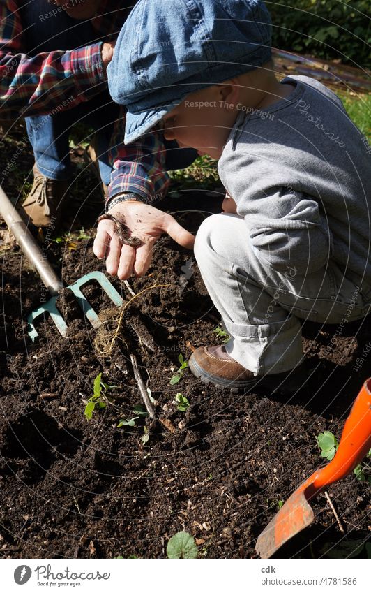 Kindheit | Naturerfahrung | Guck mal, was ich da gefunden habe: einen Regenwurm. Urban Gardening Gartenarbeit Erde Opa und Enkel Großvater und Enkelkind