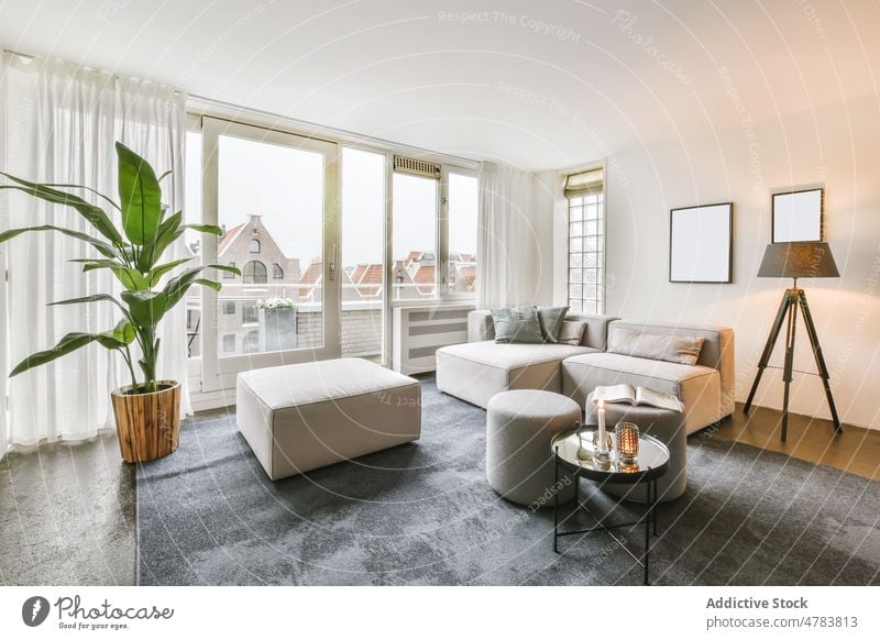 Geräumiges Wohnzimmer Tisch Innenbereich Liege Stil Design Pflanze modern Appartement Dekoration & Verzierung Kerze Rahmen geräumig Sofa heimwärts wohnbedingt