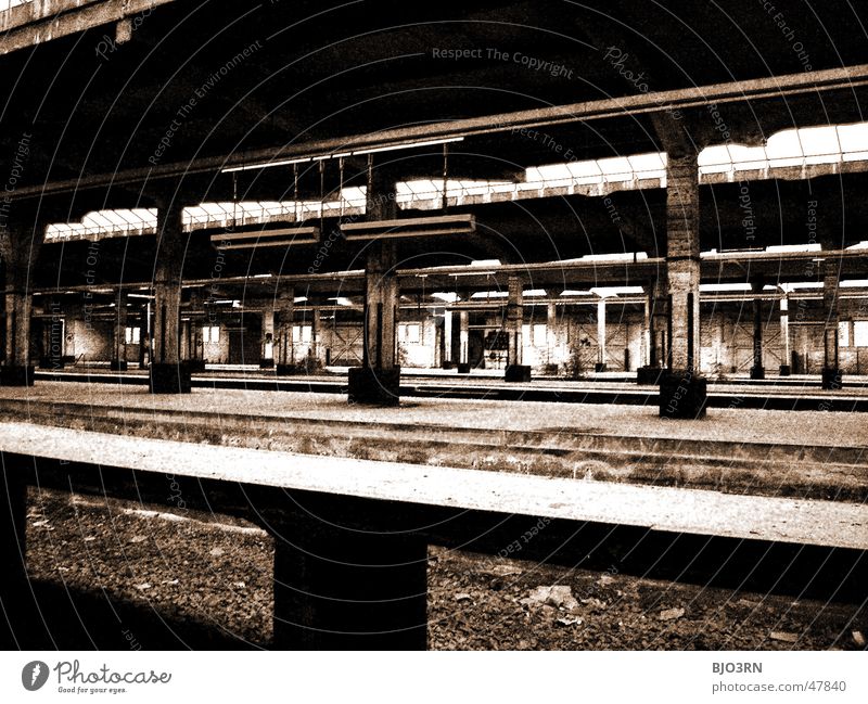 the lost #06 Fabrik Gebäude dunkel gruselig Einsamkeit Mauer Außenaufnahme Gleise Bahnsteig Bahnhof güthernahnhof leerstehend Säule Wege & Pfade Architektur