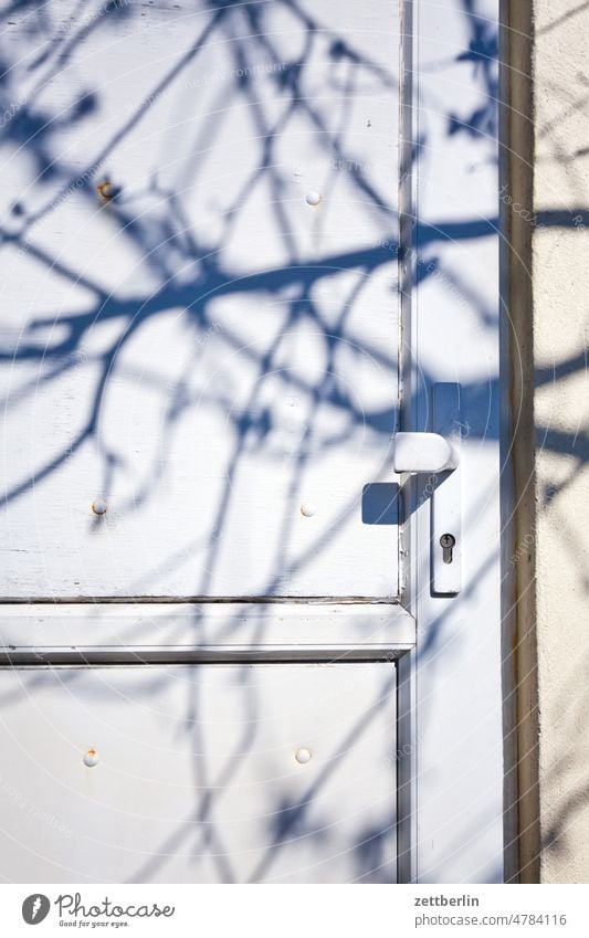 Schuppentür mit Schatten tor eingang zugang knauf türknauf schloß geschlossen verschlossen weiß schuppen kammer schatten baum ast zweig apfelbaum frühling