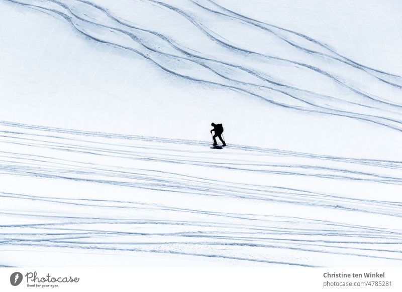 999 Schritte sind schon geschafft... Ein Tourengeher und sein Schatten im Tiefschnee abseits der Skipiste auf dem anstrengenden Weg nach oben. Um ihn herum sind mehrere Abfahrtsspuren zu sehen.