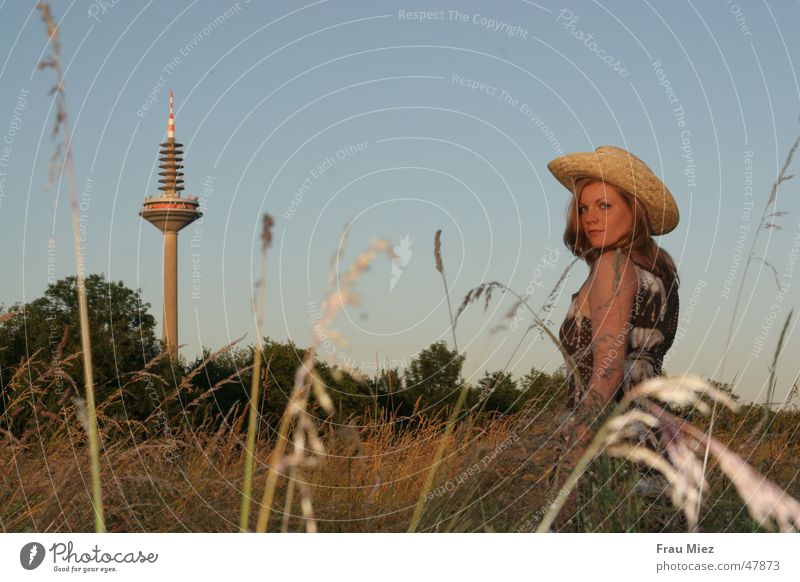 In der Steppe von Ginnheim Cowboy Frankfurt am Main Feld Wiese rothaarig Frau Sonne Park Western cowgirl ginnheim. Himmel Spargel Hut Fernsehturm