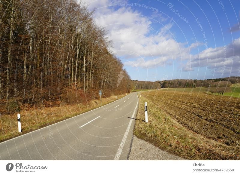 Straße auf der schwäbischen Alb imFrühling bei blauem Himmel und schönen Wolken wolken straße Baum Wiese Landschaft Gras Farbfoto Tag Menschenleer Außenaufnahme