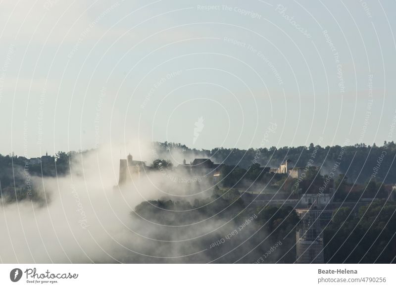 Morgennebel Nebel schlechtes Wetter Herbst Landschaft Zauber Natur Außenaufnahme Burg Gedeckte Farben ruhig Morgendämmerung Himmel Wasser Spiegelung Märchen