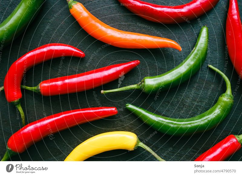 Bunte Chillischoten auf einem braunen Holz Hintergrund Chili Schote bunt Scharfer Geschmack Peperoni Farbfoto feurig Gemüse Ernährung Lebensmittel Würzig