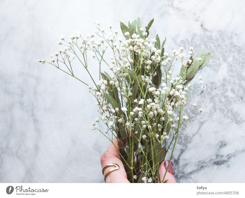 Strauß getrockneter Blumen und Eukaliptuszweige auf Marmorhintergrund trocknen Frau Hand Beteiligung fallen Hintergrund Ast schön Murmel Haufen Winter geblümt