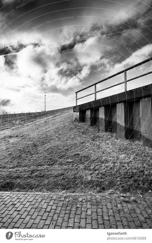 Spundwand im Deich spundwand Küste bewölkt bewölkter himmel Wolken Gras Landschaft Menschenleer Stahl Wiese Außenaufnahme Petkum