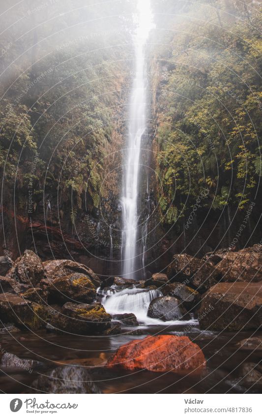 Bei Regenwetter erhebt sich der majestätische und bekannte Wasserfall 25fontes im Nebel und Regen auf der Insel Madeira, Portugal. Magische Orte in Europa entdecken