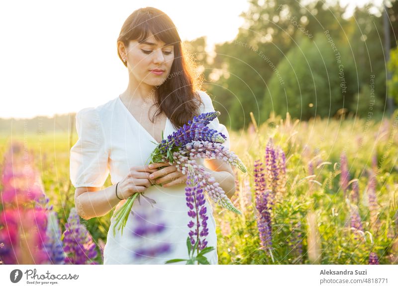 Schöne Frau im weißen Sommerkleid genießt die sommerliche Natur. Pflücken bunte Blumen, atmen frische Luft und Blumenduft, zu Fuß in der sonnigen Feld von Lupinen. Glück Konzept