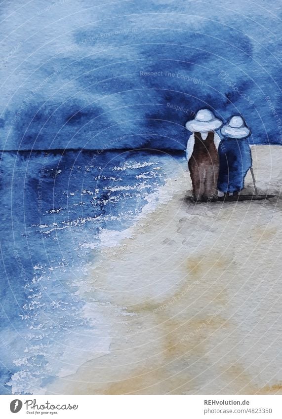 Illustration _Alte Leute am Meer illustration Aquarell Paar alt gemeinsam Zusammensein Wetter Glück Zusammenhalt Partnerschaft Verliebtheit Vertrauen Liebe