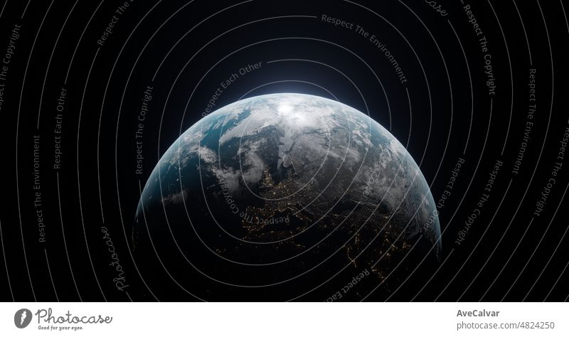 cinematic Blick Erde Planet Europa Nacht Erde im Weltraum 3D-Rendering Elemente dieses Bildes von der NASA zur Verfügung gestellt. Zivilisation. Blick aus dem dunklen Raum 3d illustration.realistic Erdoberfläche und Weltkarte