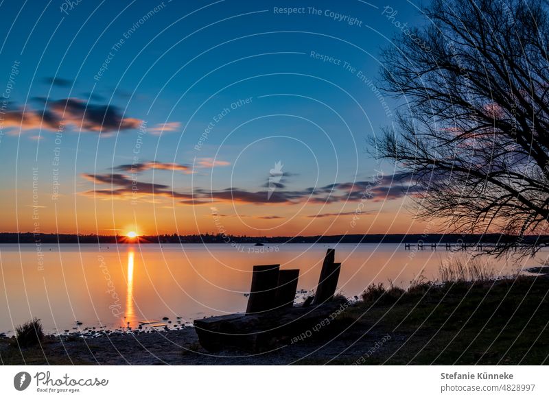 Schönes Plätzchen zum Sonnenuntergang am Ammersee goldeneStunde ruhig friedlich Stille Idylle Naturfarben Stimmung Oberbayern Bayern Voralpenland Kraftort