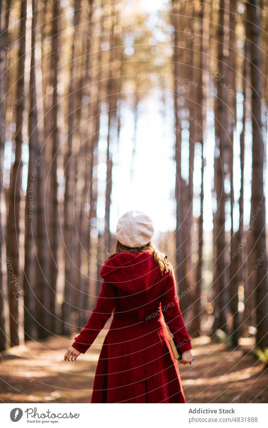 Anonyme Frau mit Buch im Herbstwald stehend Wald Wochenende Baum Oberbekleidung positiv Natur Waldgebiet Baskenmütze Rotschopf Saison fallen Notebook Tagebuch