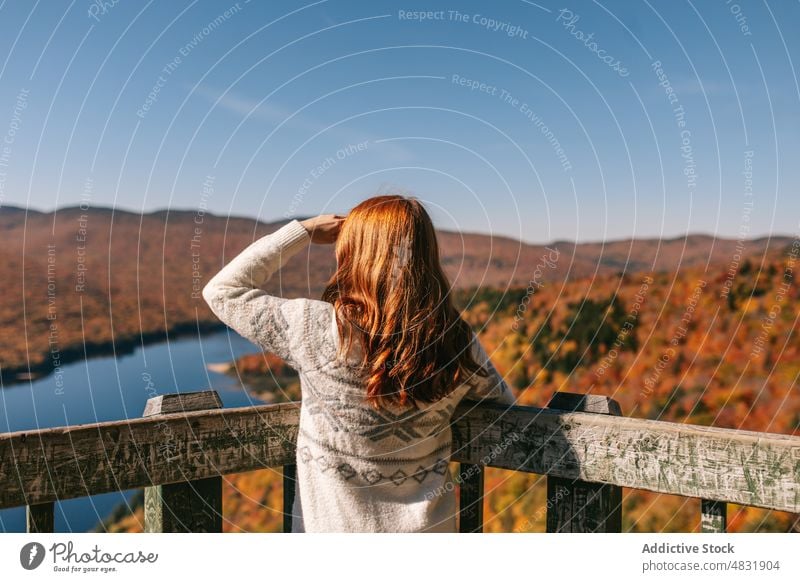 Anonyme Reisende auf einem Holzsteg in einem Gebirgstal Frau Wald Rotschopf Laufsteg Sightseeing Herbst Tourist Brücke natürlich rote Haare Landschaft fallen