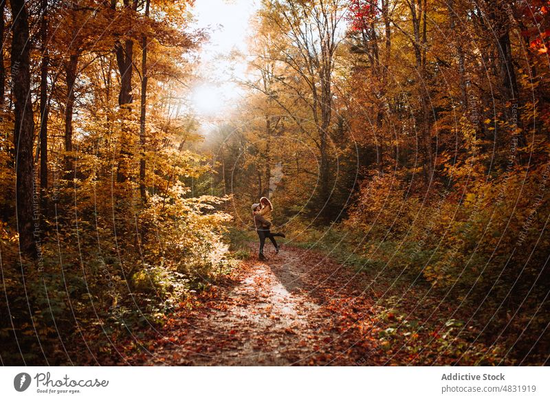 Ein sich umarmendes Paar im Herbstwald in Kanada Wald Reisender Abenteuer heben Saison erkunden Weg Wälder Urlaub Natur Partnerschaft Zusammensein dunkel