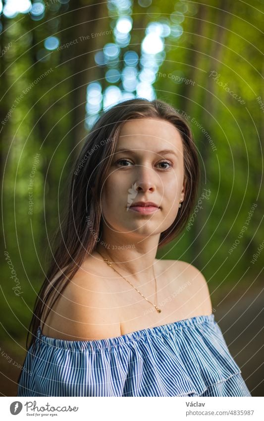 Atemberaubendes Porträt einer jungen Brünetten in einem schönen blauen Sommerkleid auf einem Waldweg, umgeben von üppigen Sommerbäumen. Ein gemessener und ehrgeiziger Blick