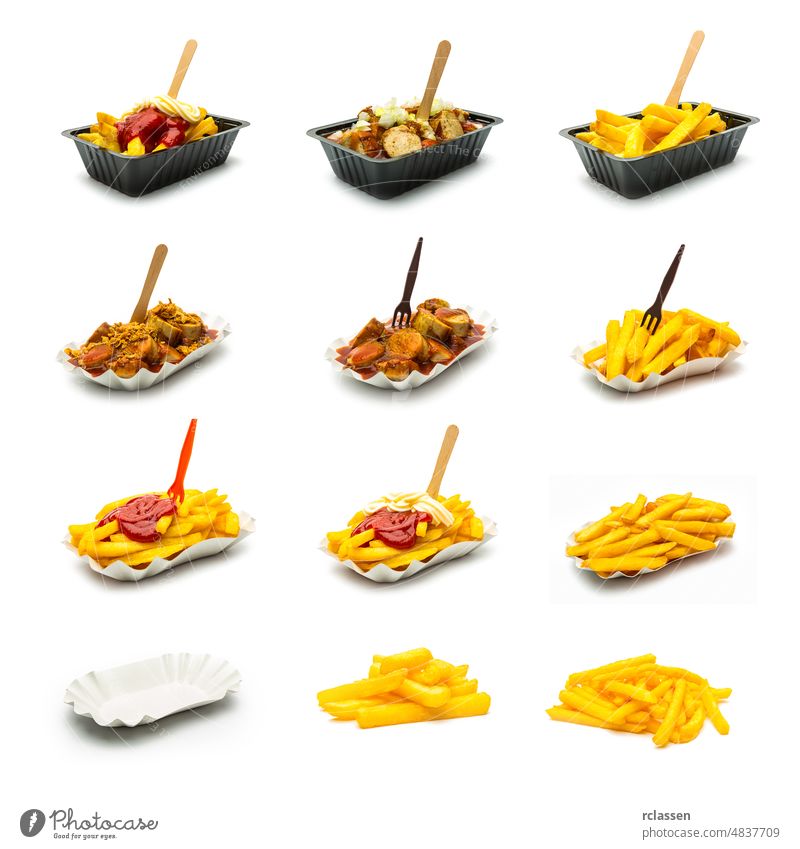 Currywurst und Pommes Frites Set Collage fritten Fries Portion Kartoffel Snack Deutsch Pommes frites Kartoffelstock Frittenbude dick essen Chips