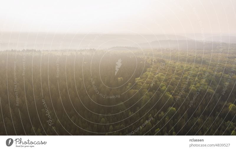 Drohnenansicht einer malerischen Landschaft mit Bergen in Wolken und Nebel. Straße Wald Antenne Autobahn Weg Dröhnen Ansicht Auge PKW Natur Abenteuer grün