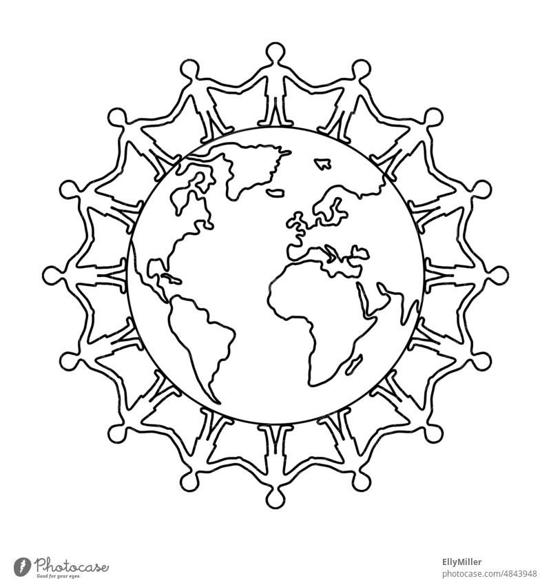 Globus mit Menschen, die Händchen halten. Frieden Freiheit Erde Erdkugel Einheit Zusammenhalt zusammenhalten Freundschaft Zukunft Zusammensein Umwelt Leben