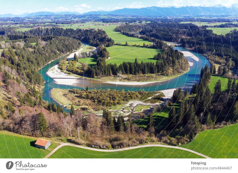 Luftbild von der Litzauer Schleife bei schönem Wetter Drohne Drohnenbilder Luftaufnahme Vogelperspektive von oben Aussicht Fernsicht Fluss Lech Flussschleife