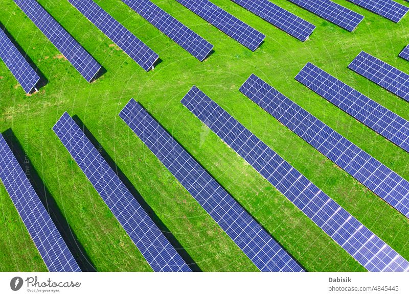 Sonnenkollektoren auf der grünen Wiese, Luftaufnahme solar Panel Energie Photovoltaik regenerativ nachhaltig Antenne Batterie Kraft Feld Technik & Technologie