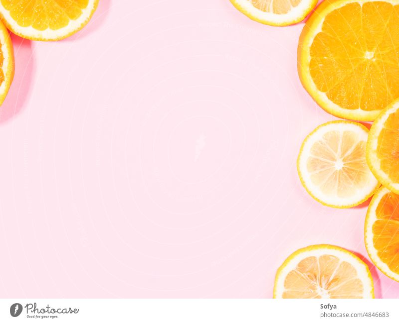 Bunte Orange Zitrusscheibe Obst Textur Hintergrund auf Pastell rosa orange Zitrusfrüchte Scheibe frisch gelb weiß Frucht Pastellfarbe Lebensmittel Muster