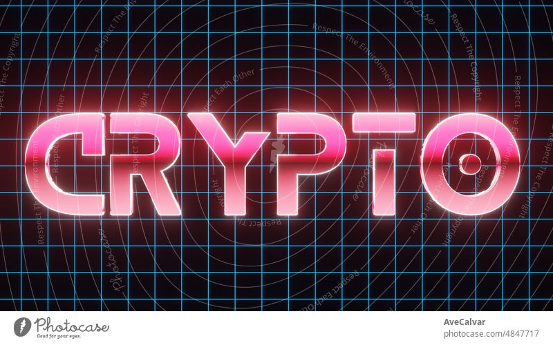 Hintergrundbild Vintage-Stil Krypto Text Neon-Schild, alte Gaming-Konzept.Glühende Neonlichter.Retro-Welle und Synthwave-Stil.Für Postkarte, Banner, Poster.3D-Render-Bilder Illustration