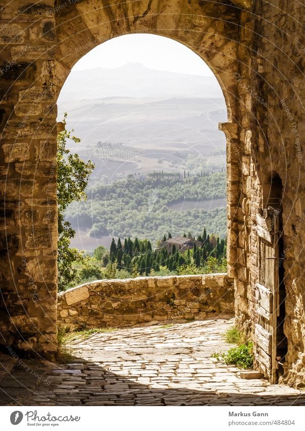 Toskana Ferien & Urlaub & Reisen Sommer Sommerurlaub Natur braun Stimmung Pienza Italien Torbogen alt Mauer Zypresse Ocker Wege & Pfade Dunst Farbfoto