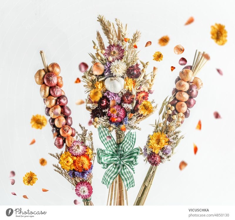 Zwiebel- und Knoblauchzöpfe mit getrockneten Blumen und fliegenden Blütenblättern auf weißem Hintergrund. Trockenblumen weißer Hintergrund rustikal Herbst