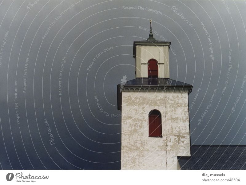 farbkleks im dunkel Wolken weiß rot Haus Turm Religion & Glaube Gewitter Regen