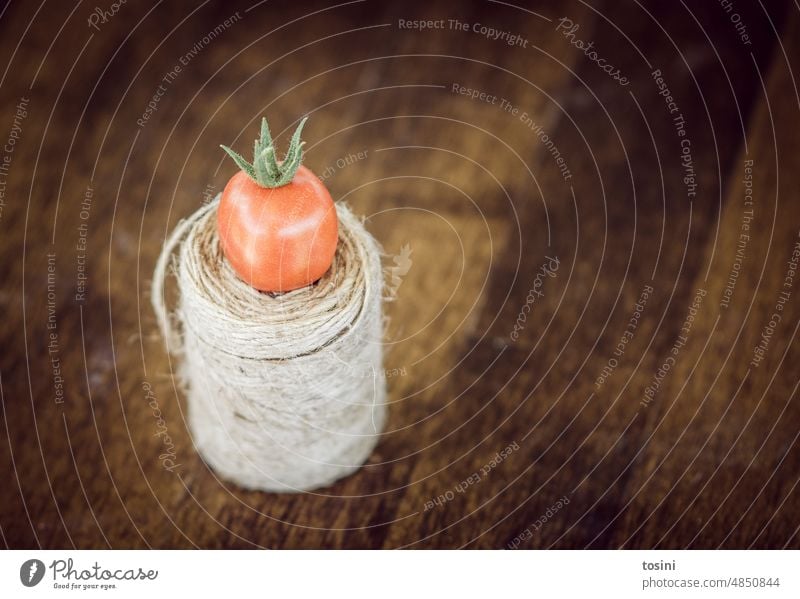 Einzelne gekrönte Tomate auf einem Tisch König Krone Ernte rot Faden Menschenleer Außenaufnahme Farbfoto Textfreiraum rechts Gemüse Garten Anbau von Gemüse