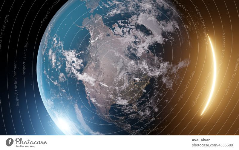 Erde Planet aus dem Weltraum betrachtet zeigt Nordamerika, 3d Render des Planeten Erde mit detaillierten Relief und Atmosphäre, Elemente dieses Bildes von der NASA zur Verfügung gestellt.Globale Übersicht.Cinematic Gefühl mit glow.