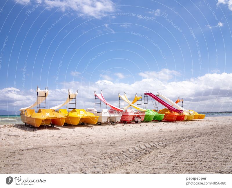 Tretboote am Strand treetboot Wasserfahrzeug Sommer Ferien & Urlaub & Reisen Außenaufnahme Meer Mallorca Ausflug Bootsfahrt Schwimmen & Baden Freizeit & Hobby