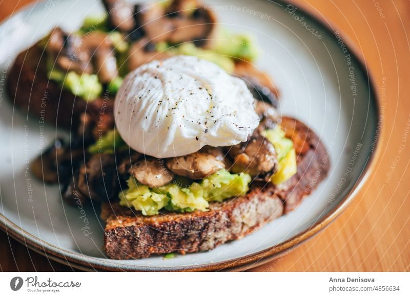 Gesundes Frühstück aus pochierten Eiern und Pilzen Zuprosten pochiertes Ei Avocado Sauerteigbrot Vegetarier Gesundheit Lebensmittel Eigelb Belegtes Brot