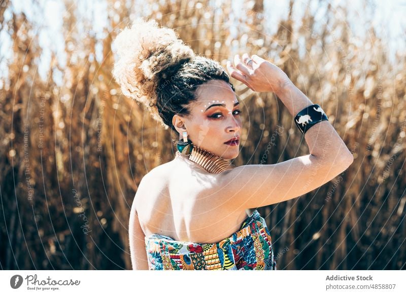 Ethnische Frau mit traditionellen afrikanischen Accessoires in der Natur Stil Tradition Feld Vorschein authentisch Make-up Porträt lokal Gras trocknen