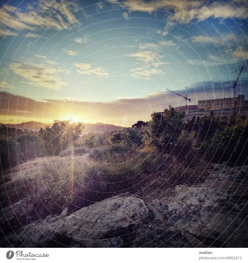 Sundown ibiza Ibiza Sonnenuntergang Gegenlicht Burg Kran Strauch Berge u. Gebirge Außenaufnahme Natur Farbfoto Menschenleer Landschaft