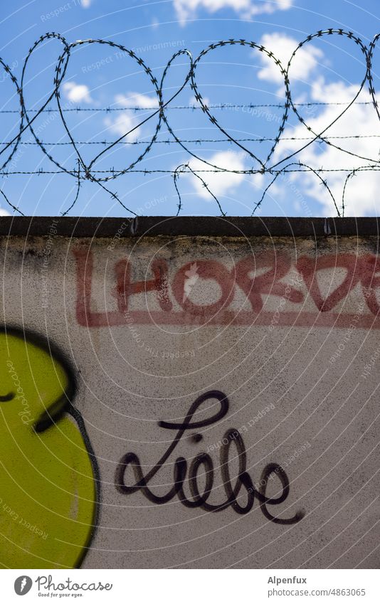 Mehr Liebe bitte ! Mauer Stacheldraht Grenze Wand gefangen Außenaufnahme Sicherheit Zaun Stacheldrahtzaun Angst gefährlich Schutz Barriere Freiheit bedrohlich