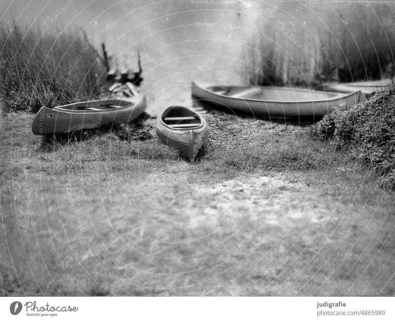 Boote am Ufer Kanu Kajak drei ufer See Wiese Pause anlegen Schilf Wassersport Sport Fluss Sommer Abenteuer Natur Aktivität Kanusport Urlaub Erholung Kajakfahren