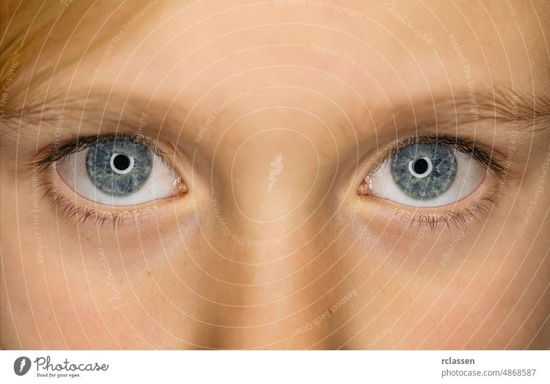 Close-up-Porträt von jungen Mädchen mit perfekten schönen blauen Augen schauen Sie Baby Gesundheit Kind Pflege Makro Familie Licht Hintergrund Menschen