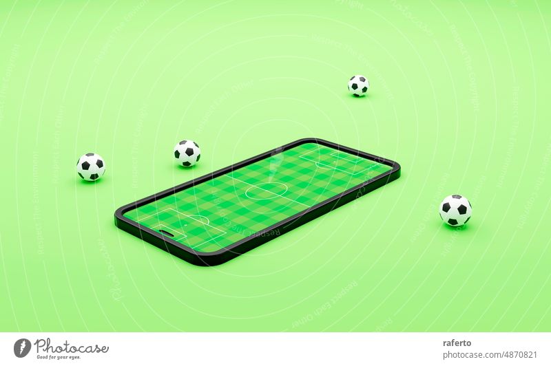 Fußballfeld auf dem Smartphone-Bildschirm und Ball. 3d Render Telefon Handy Anwendung Meisterschaft Konkurrenz Cyberspace Spiel Tor online Stadion App Gerät