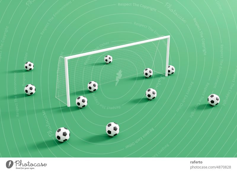 Grüne Fußballplätze mit Fußball und Torpfosten, minimalistische Komposition. 3d Illustration Hintergrund Wetten Meisterschaft farbig Farben Konkurrenz Spiel