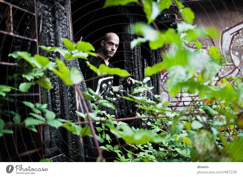 Lost Place Mensch maskulin Junger Mann Jugendliche 1 18-30 Jahre Erwachsene Pflanze Sträucher Blatt Ruine Mauer Wand beobachten Blick trashig selbstbewußt