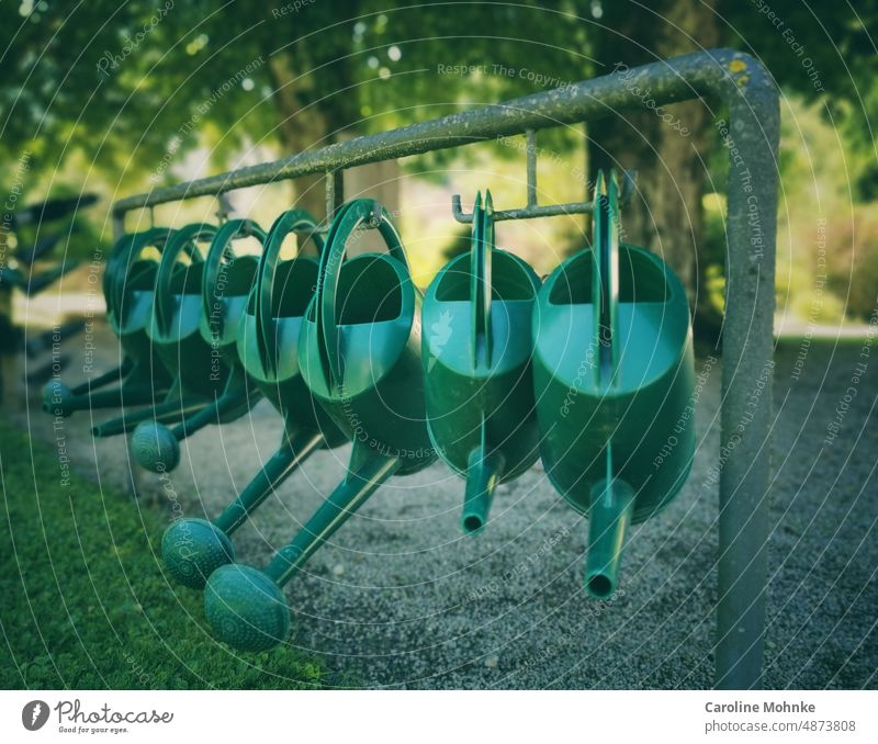 Grüne Giesskannen aneinandergereiht auf einem Friedhof Tod Park Ruhe Sonne Sommer Natur Wasser ewige Ruhe Struktur aufgereiht Gießen Ruhestätte Trauerflieger