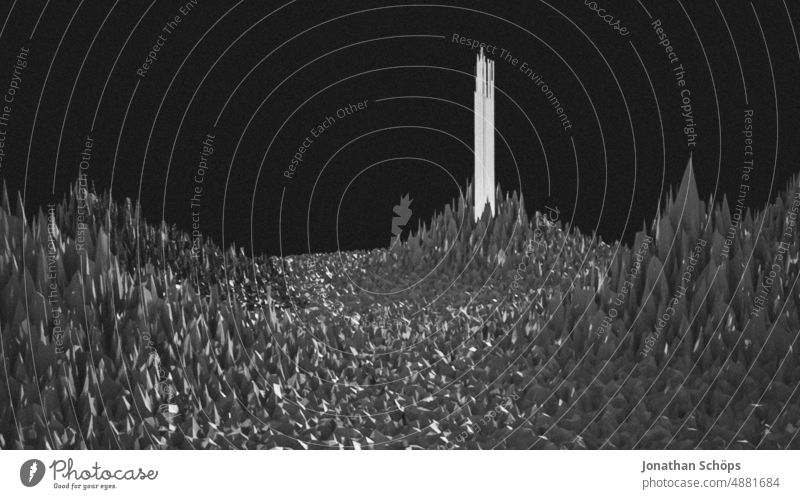 3D-Rendering einer abstrakten geometrischen Landschaft mit weißen Turm dreidimensional Design rendern modern Form Hintergrund Technik & Technologie Struktur